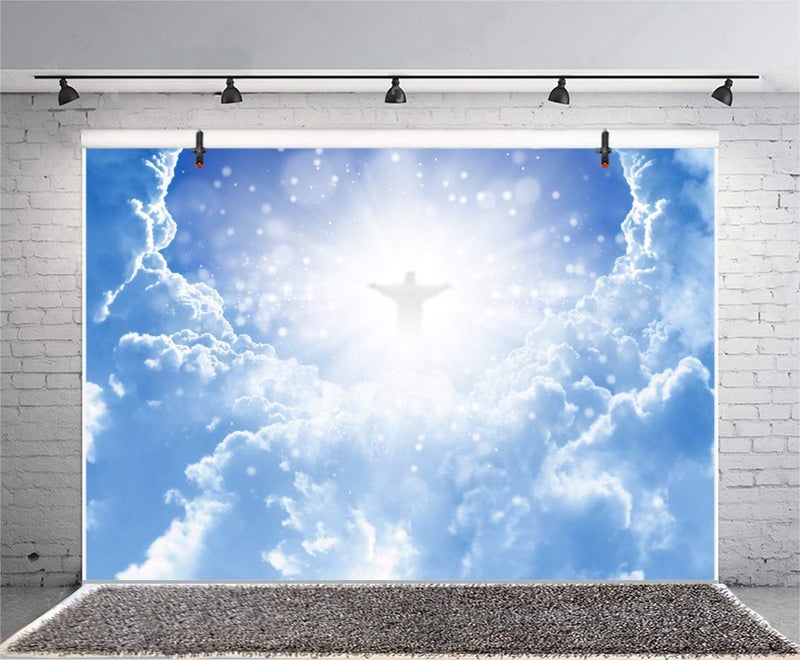 Leyiyi 5x3ft Jesus Christ in Sky Photography Background Paradise God Place Heaven Cloud Bokeh Haloes Spot Sacred Banner Backdrop Merry Christmas Baptism Kids Birthday Photo Portrait Vinyl Studio Prop - Image 4